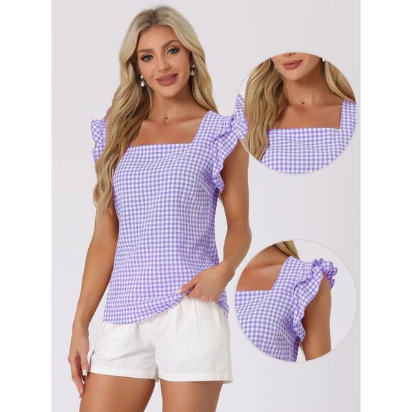 Summer Gingham Tops Square Neck Ruffle Cap Sleeve Blouses Purple - Picture 2 of 6